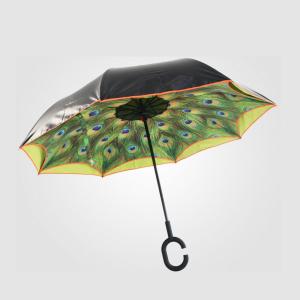 Popular and fashion double layer inside out reverse umbrella C shape handle inverted umbrella with peacock and black coated